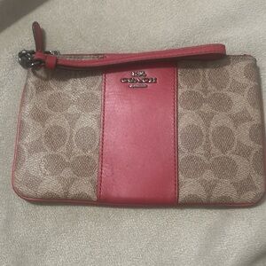 Coach Wristlet Coated  Canvas Signature Tan Red Excellent Condition